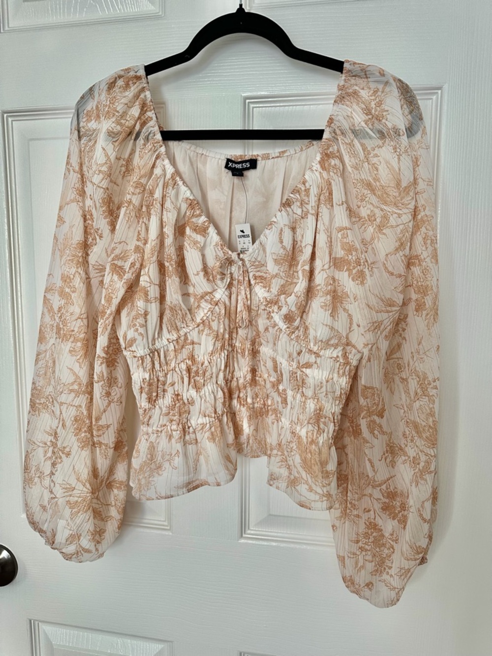 Express Cream Floral Smocked Peasant Blouse in Tan Print
